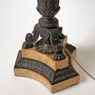 Lot 537 - Pair of Restauration Patinated Bronze and Siena Marble Candlesticks Mounted as Lamps