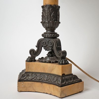 Lot 537 - Pair of Restauration Patinated Bronze and Siena Marble Candlesticks Mounted as Lamps