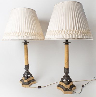 Lot 537 - Pair of Restauration Patinated Bronze and Siena Marble Candlesticks Mounted as Lamps