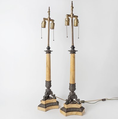 Lot 537 - Pair of Restauration Patinated Bronze and Siena Marble Candlesticks Mounted as Lamps