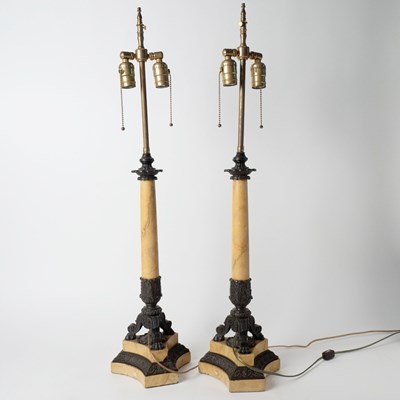 Lot 537 - Pair of Restauration Patinated Bronze and Siena Marble Candlesticks Mounted as Lamps