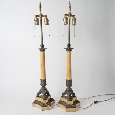 Lot 537 - Pair of Restauration Patinated Bronze and Siena Marble Candlesticks Mounted as Lamps