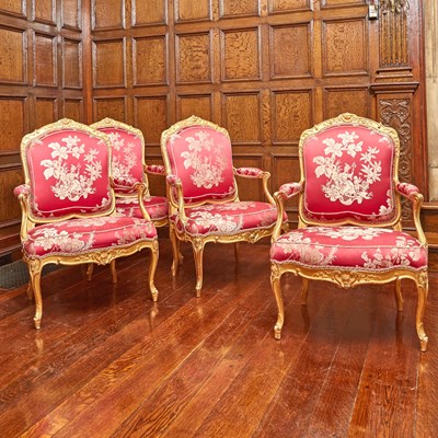 Lot Set of Four Louis XV Giltwood Fauteuils a La Reine