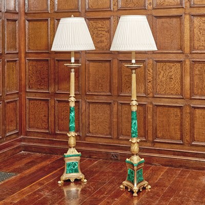 Lot 544 - Pair of Napoleon III Gilt-Bronze and Malachite Floor Lamps