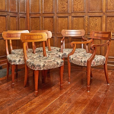 Lot 561 - Set of Seven Regency Style Oak Dining Chairs