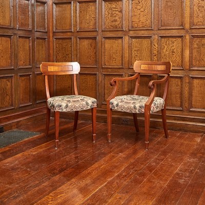 Lot 561 - Set of Seven Regency Style Oak Dining Chairs