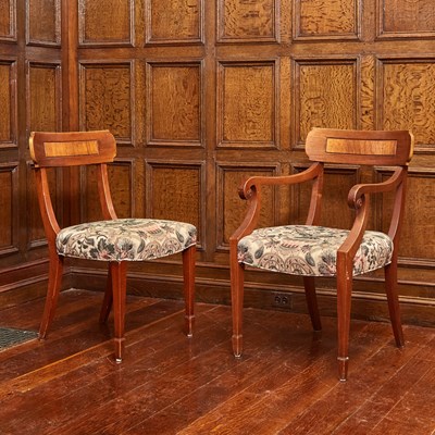 Lot 561 - Set of Seven Regency Style Oak Dining Chairs