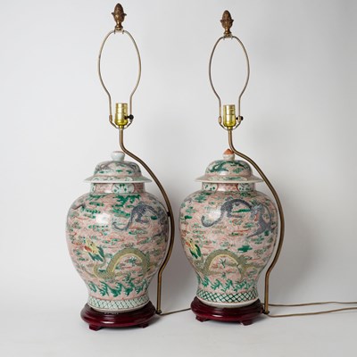 Lot 564 - Pair of Chinese Famille Verte Porcelain Jars Mounted as Lamps