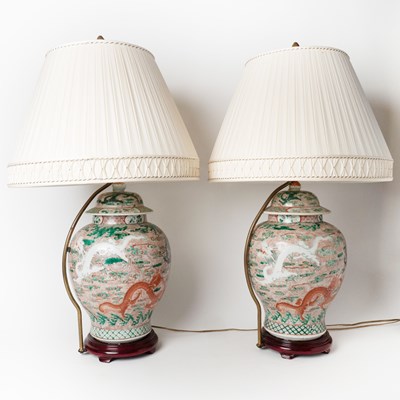 Lot 564 - Pair of Chinese Famille Verte Porcelain Jars Mounted as Lamps