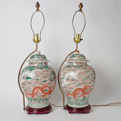 Lot 564 - Pair of Chinese Famille Verte Porcelain Jars Mounted as Lamps