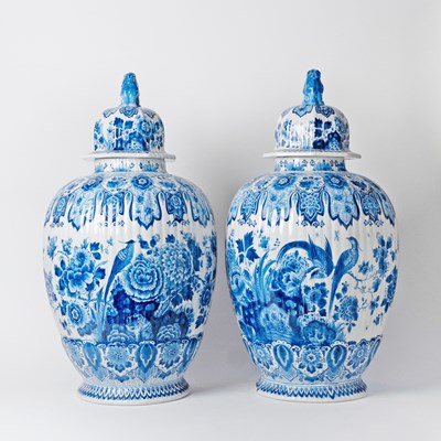 Lot 575 - Pair of Dutch Delft Blue and White Faience Vases and Covers, Factory de Porceleyne Fles