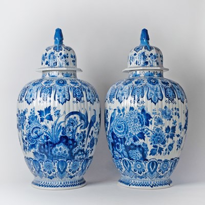 Lot 575 - Pair of Dutch Delft Blue and White Faience Vases and Covers, Factory de Porceleyne Fles