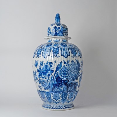 Lot 575 - Pair of Dutch Delft Blue and White Faience Vases and Covers, Factory de Porceleyne Fles