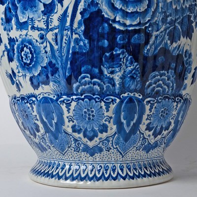 Lot 575 - Pair of Dutch Delft Blue and White Faience Vases and Covers, Factory de Porceleyne Fles