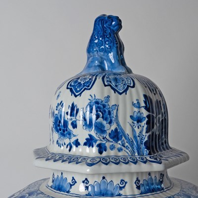 Lot 575 - Pair of Dutch Delft Blue and White Faience Vases and Covers, Factory de Porceleyne Fles