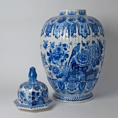 Lot 575 - Pair of Dutch Delft Blue and White Faience Vases and Covers, Factory de Porceleyne Fles