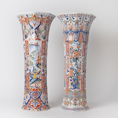 Lot 576 - Two French Polychrome Delftware Beaker Vases, Retailed by Tiffany