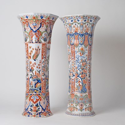 Lot 576 - Two French Polychrome Delftware Beaker Vases, Retailed by Tiffany