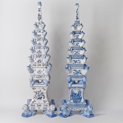 Lot 577 - Matched Pair of French Delftware Blue and White Tulipières, Retailed by Tiffany