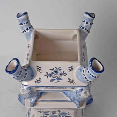 Lot 577 - Matched Pair of French Delftware Blue and White Tulipières, Retailed by Tiffany