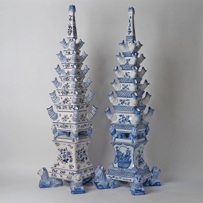 Lot 577 - Matched Pair of French Delftware Blue and White Tulipières, Retailed by Tiffany