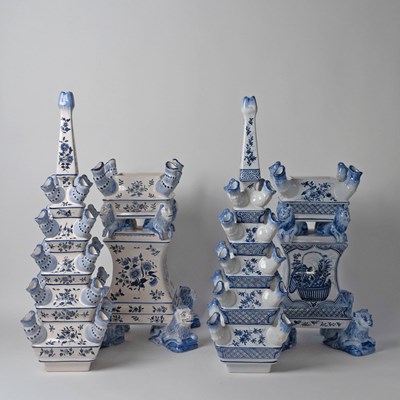 Lot 577 - Matched Pair of French Delftware Blue and White Tulipières, Retailed by Tiffany