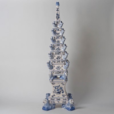 Lot 577 - Matched Pair of French Delftware Blue and White Tulipières, Retailed by Tiffany