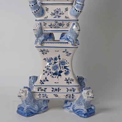 Lot 577 - Matched Pair of French Delftware Blue and White Tulipières, Retailed by Tiffany