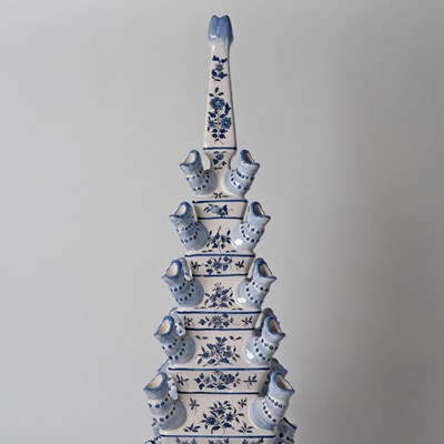 Lot 577 - Matched Pair of French Delftware Blue and White Tulipières, Retailed by Tiffany