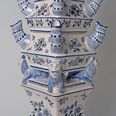 Lot 577 - Matched Pair of French Delftware Blue and White Tulipières, Retailed by Tiffany