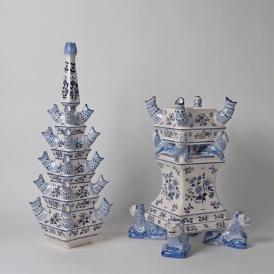 Lot 577 - Matched Pair of French Delftware Blue and White Tulipières, Retailed by Tiffany