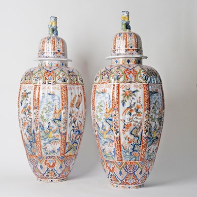 Lot 578 - Pair of French Polychrome Delftware Vases and Covers, Retailed by Tiffany