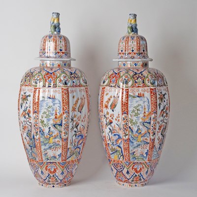 Lot 578 - Pair of French Polychrome Delftware Vases and Covers, Retailed by Tiffany