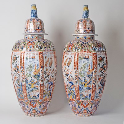 Lot 578 - Pair of French Polychrome Delftware Vases and Covers, Retailed by Tiffany