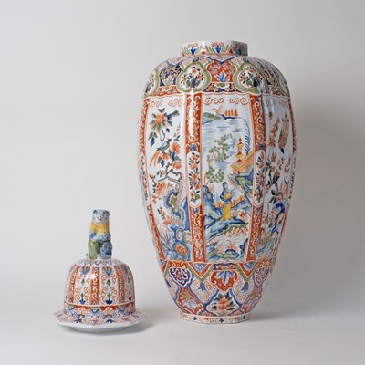 Lot 578 - Pair of French Polychrome Delftware Vases and Covers, Retailed by Tiffany
