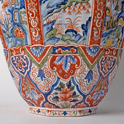 Lot 578 - Pair of French Polychrome Delftware Vases and Covers, Retailed by Tiffany