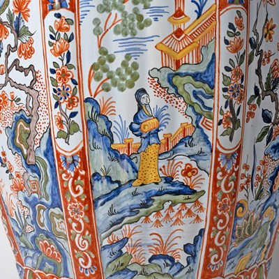 Lot 578 - Pair of French Polychrome Delftware Vases and Covers, Retailed by Tiffany