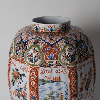 Lot 578 - Pair of French Polychrome Delftware Vases and Covers, Retailed by Tiffany