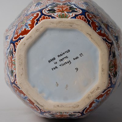 Lot 578 - Pair of French Polychrome Delftware Vases and Covers, Retailed by Tiffany