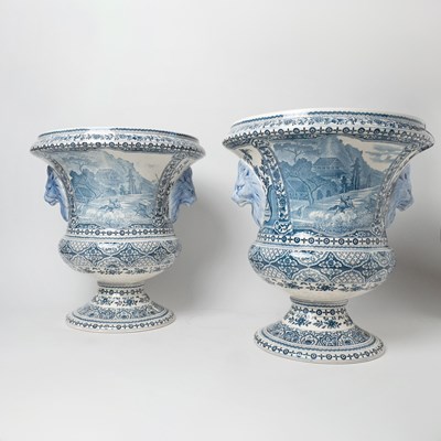 Lot 579 - Pair of Gien Blue and White Faience Footed Urns