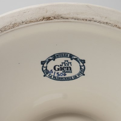 Lot 579 - Pair of Gien Blue and White Faience Footed Urns