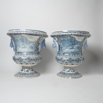 Lot 579 - Pair of Gien Blue and White Faience Footed Urns