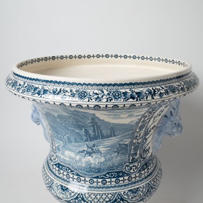 Lot 579 - Pair of Gien Blue and White Faience Footed Urns