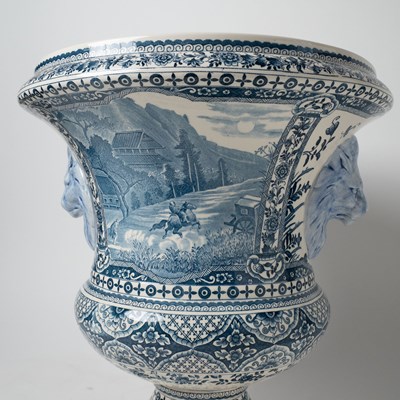 Lot 579 - Pair of Gien Blue and White Faience Footed Urns