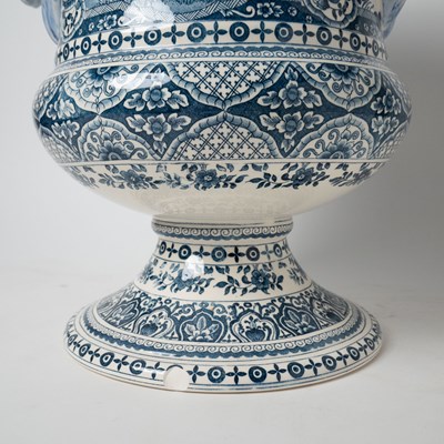 Lot 579 - Pair of Gien Blue and White Faience Footed Urns