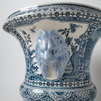 Lot 579 - Pair of Gien Blue and White Faience Footed Urns