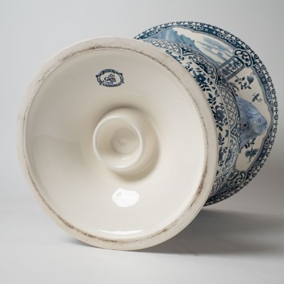 Lot 579 - Pair of Gien Blue and White Faience Footed Urns