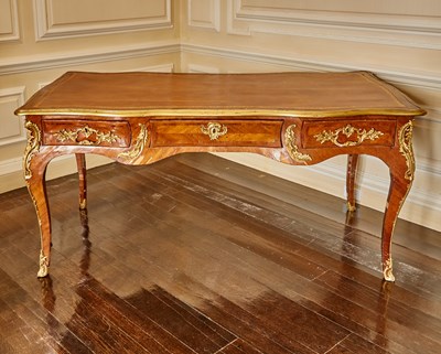 Lot 581 - Louis XV Gilt-Bronze Mounted Gilt-Tooled Brown Leather Lined Amaranth Bureau Plat