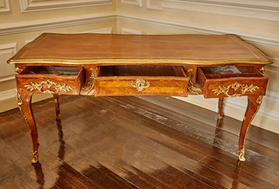 Lot 581 - Louis XV Gilt-Bronze Mounted Gilt-Tooled Brown Leather Lined Amaranth Bureau Plat