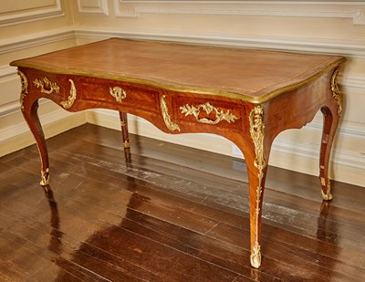 Lot 581 - Louis XV Gilt-Bronze Mounted Gilt-Tooled Brown Leather Lined Amaranth Bureau Plat